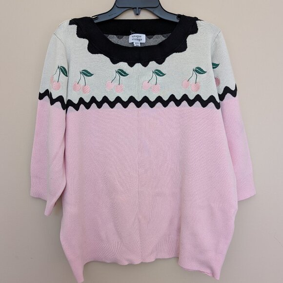 Unique Vintage Sweaters - Unique Vintage 3/4 sleeve pink cherries fair isle sweater EUC 4X 5X